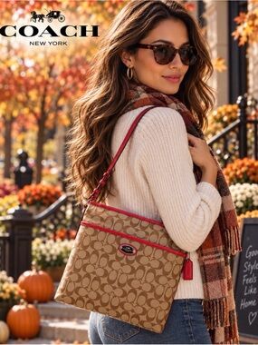 COACH Signature File Crossbody Bag | Khaki & Brown Canvas w/ Coral Leather Trim